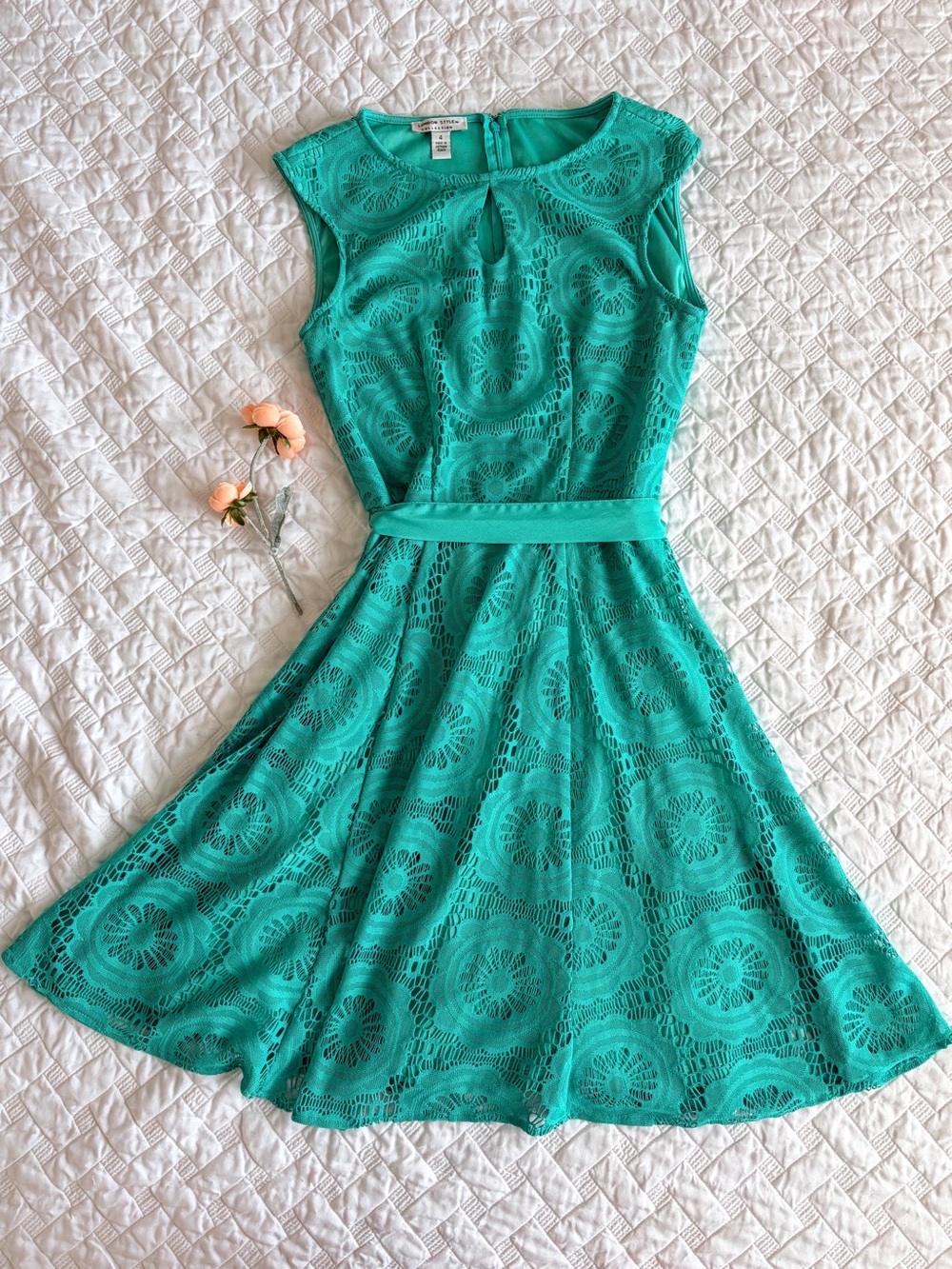 London Style Teal Crochet Lace Fit & Flare Dress Size 4